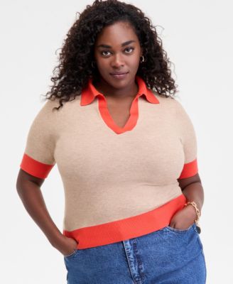 On 34th - Trendy Plus Size Collared Contrast-Trim Sweater