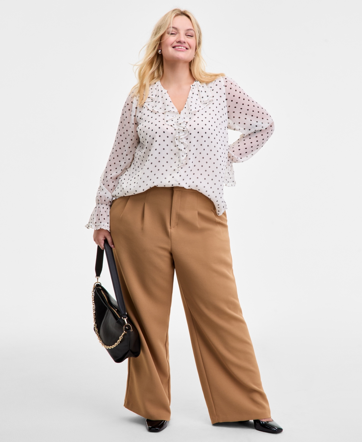 On 34th Trendy Plus Dot Print Long Sleeve Blouse Pleat Front Wide Leg Pants Macys Exclusive In White
