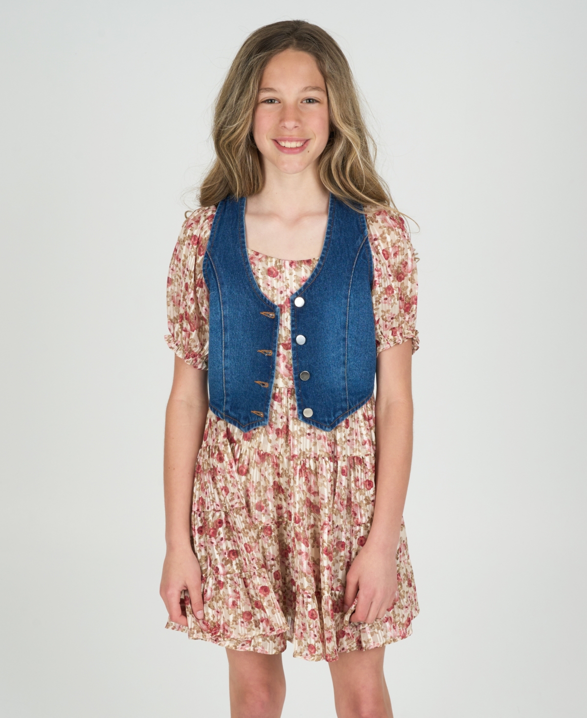 Rare Editions Big Girls 2-Piece Lurex Chiffon With Denim Vest and Dress Set