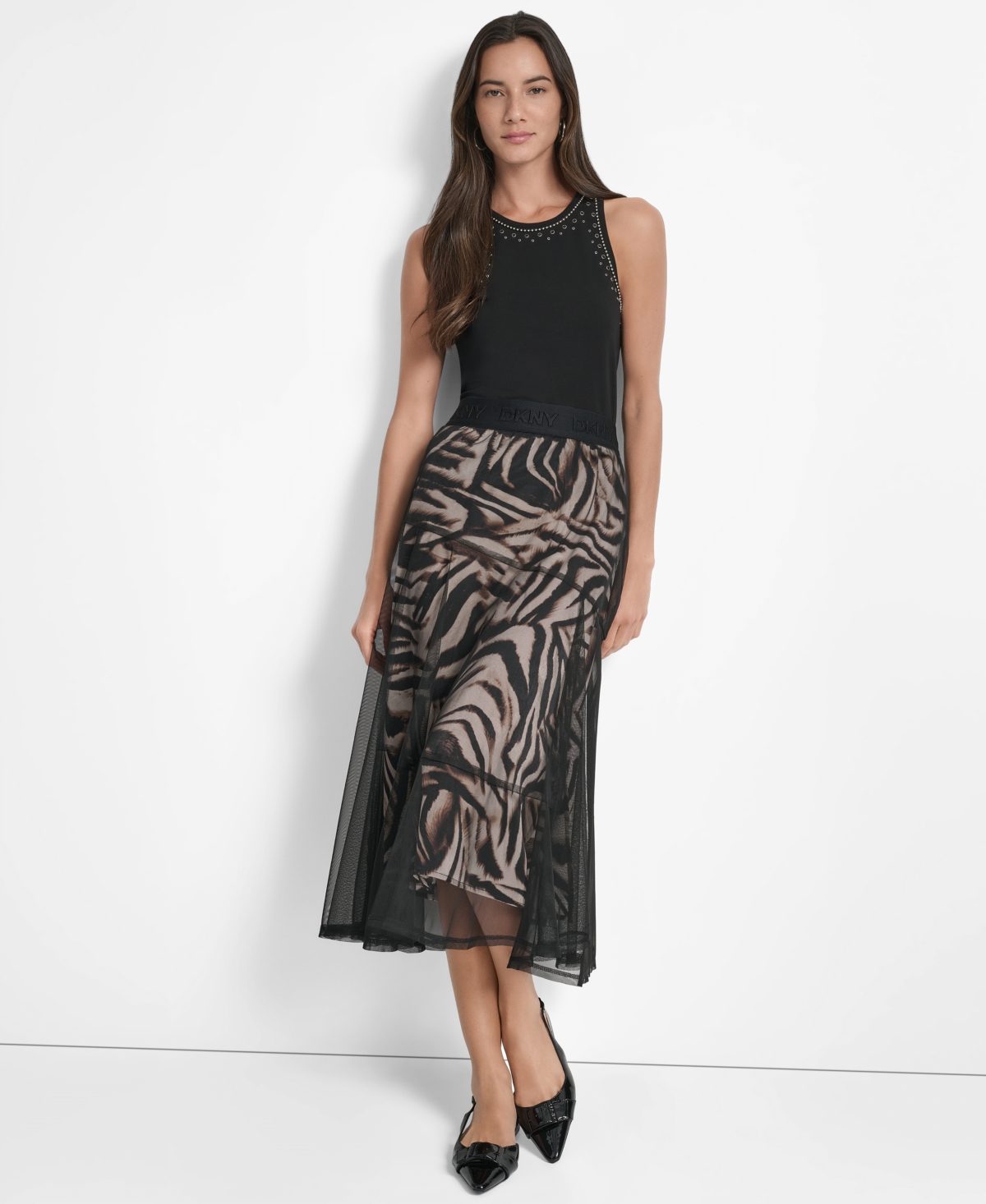 Dkny Zebra Stripe Layered Mesh A-line Skirt In Black