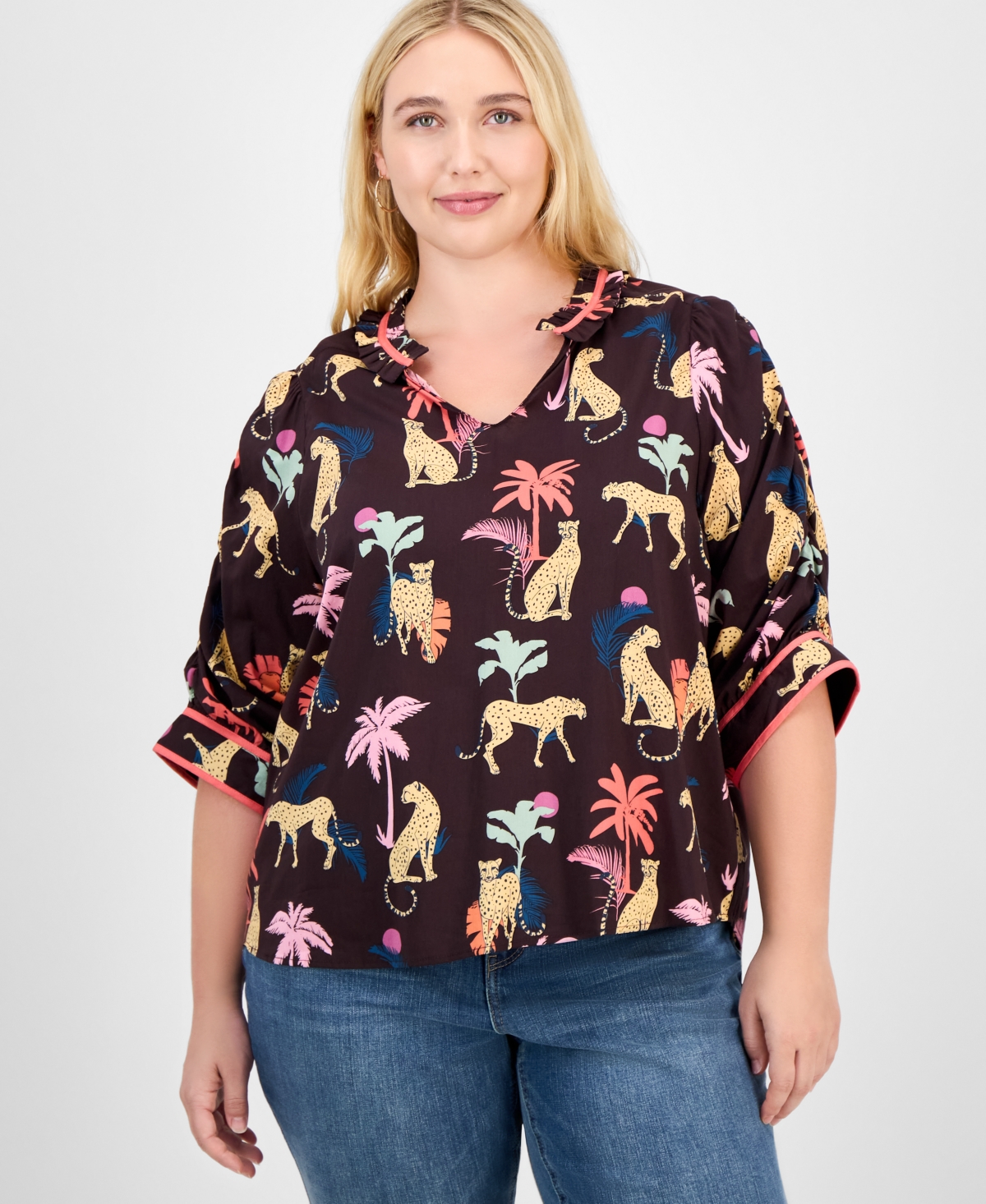 Democracy Trendy Plus Printed Elbow-sleeve Split-neck Top In Brown