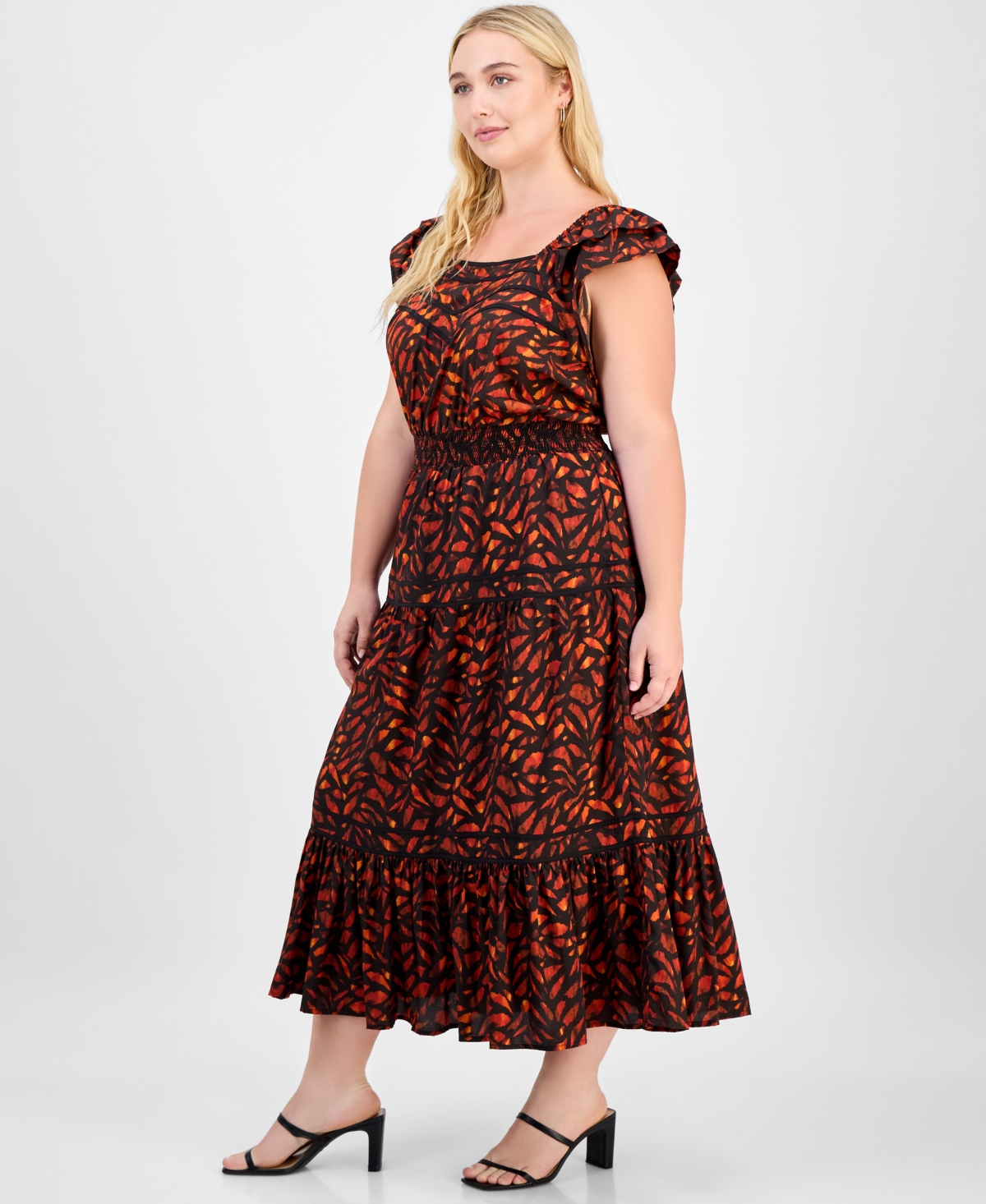 Democracy Trendy Plus Flutter-sleeve Tiered Midi Dress In Brown