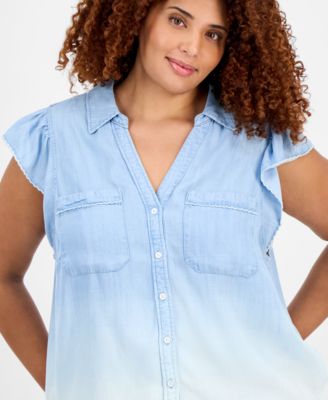 Trendy Plus Size Collared Flutter-Sleeve Top