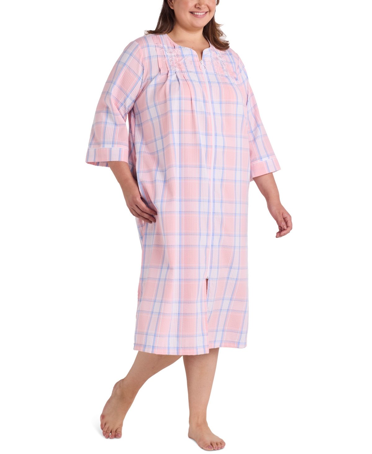 Plus Size Embroidered Seersucker Robe - Blue/peach/wht Pld