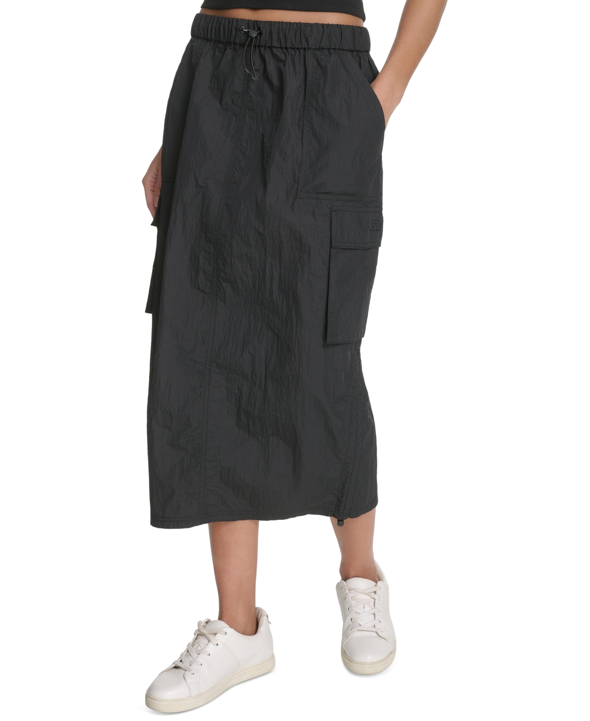 Women's Solid-Color Pull-On Midi Cargo Skirt - Black