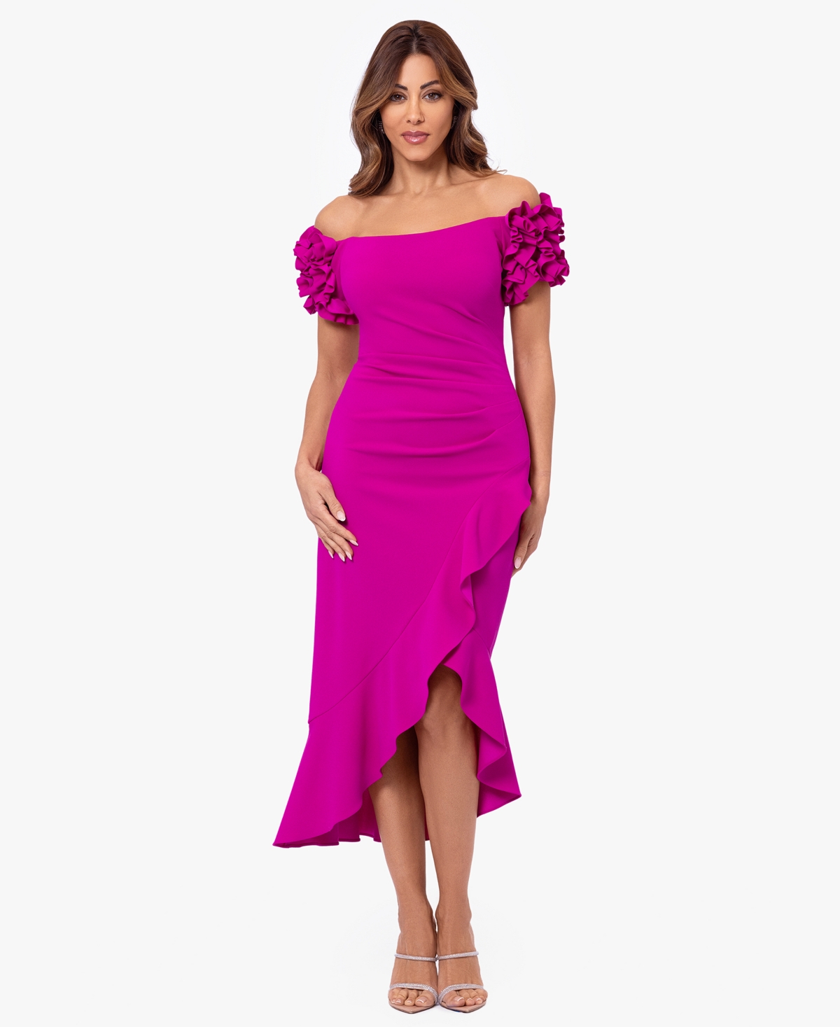 Petite Off-the-Shoulder Ruffle-Sleeve Midi Dress - New Fuchsia