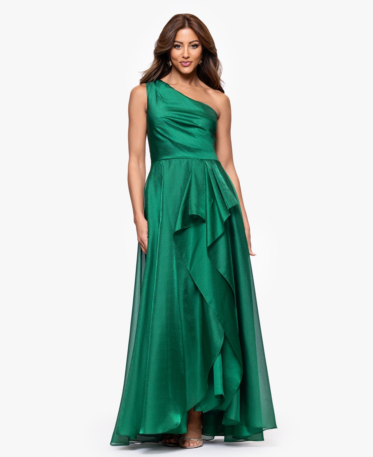 Women's Metallic Draped One-Shoulder Gown - Green