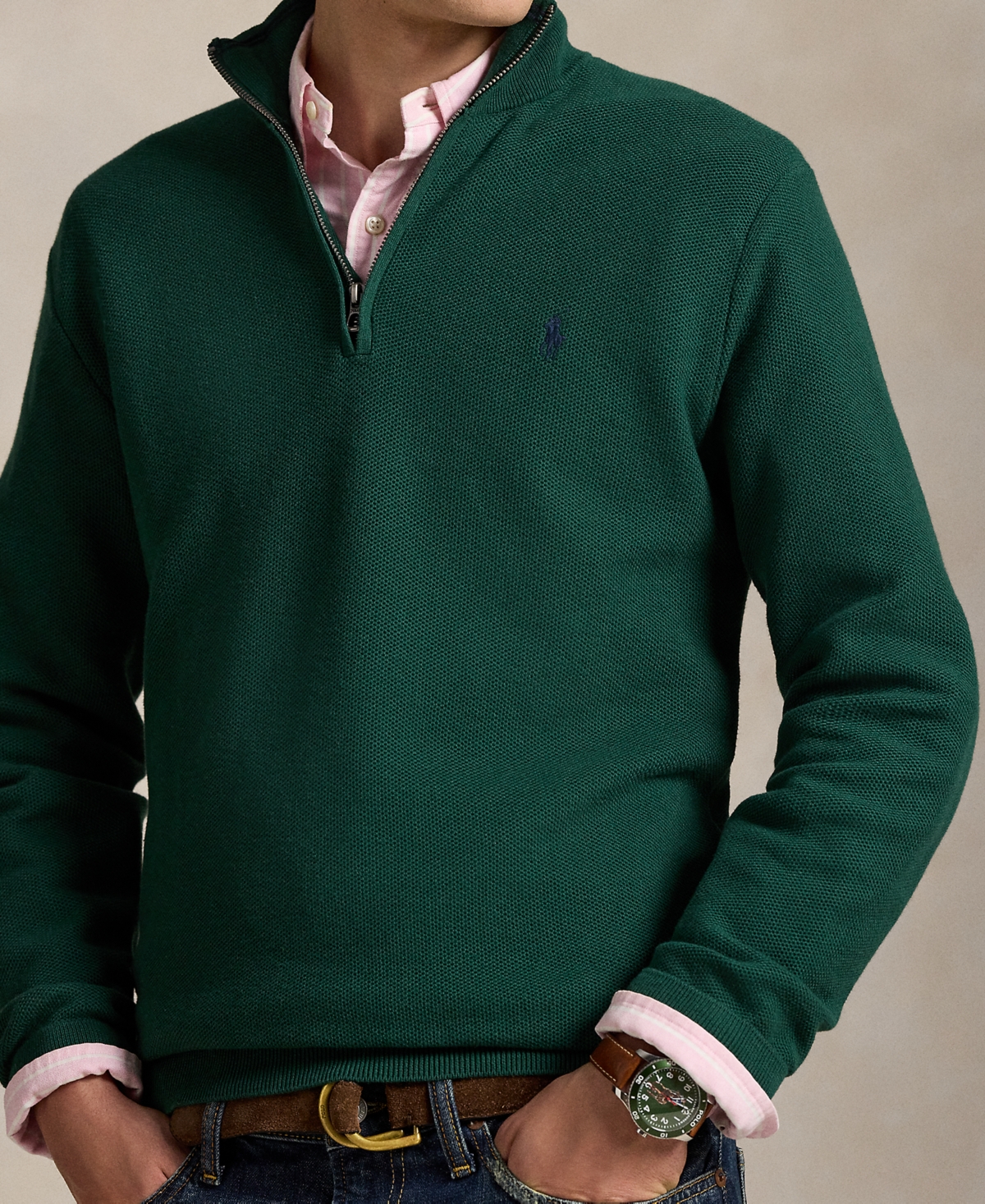 Polo Ralph Lauren Men's Mesh-knit Cotton Quarter-zip Sweater In Green