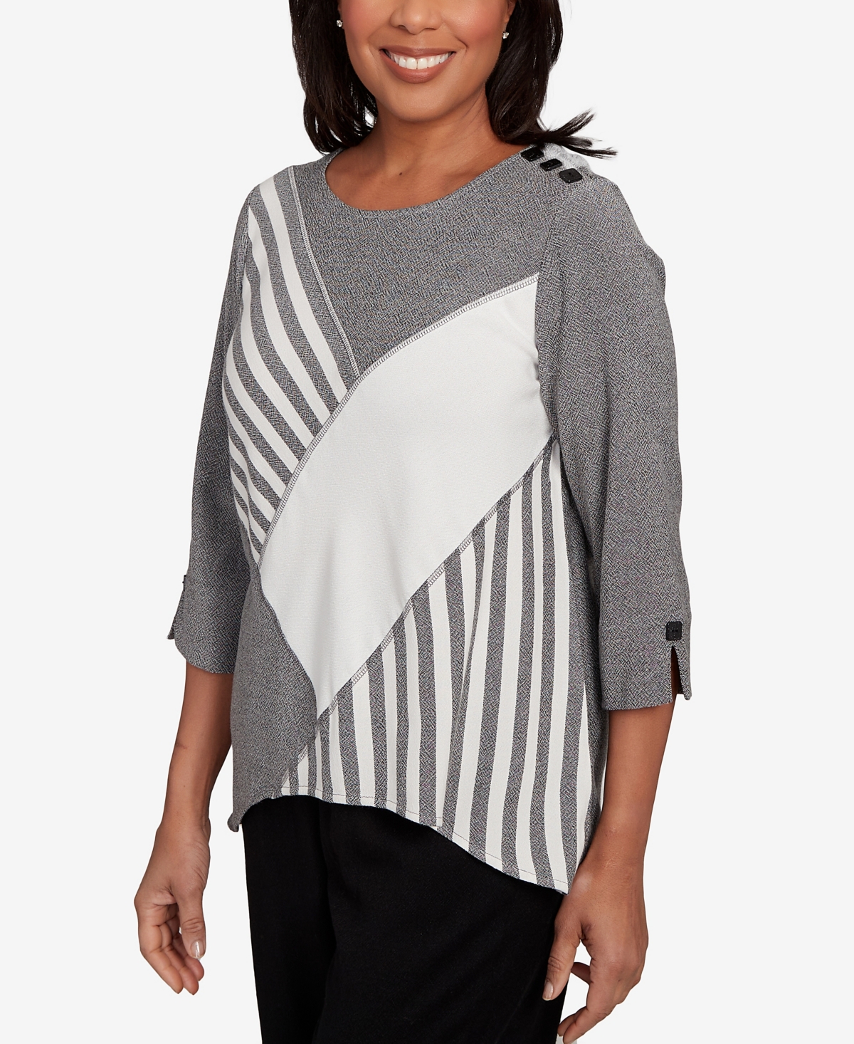 Alfred Dunner Petite Santa Barbara Diagonal Spliced Stripe Top In Multi