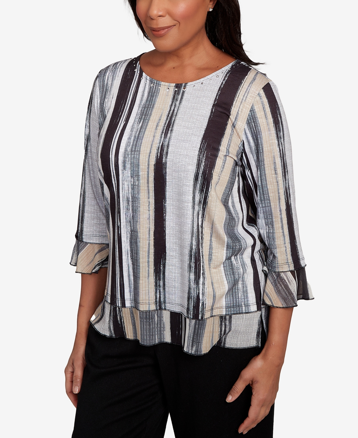 Alfred Dunner Petite Santa Barbara Etched Stripe Bell Sleeve Crew Neck Top In Multi