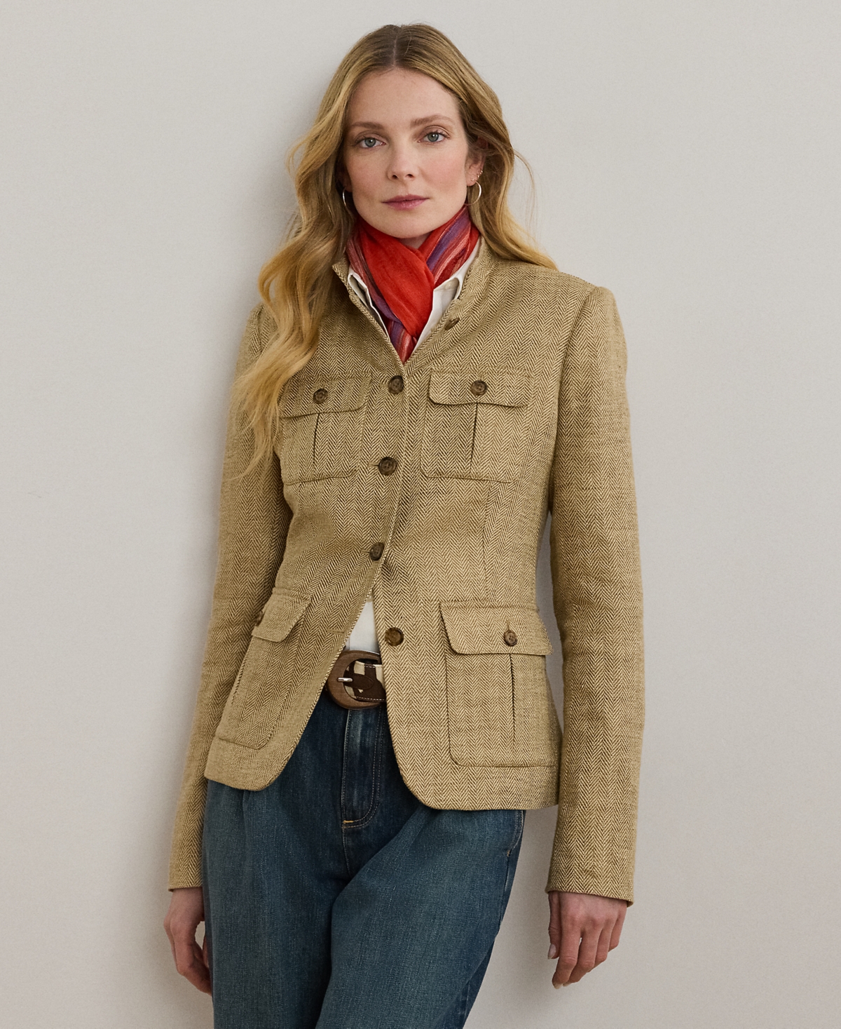 Petite Herringbone Linen Jacket - Light Brown/Tan