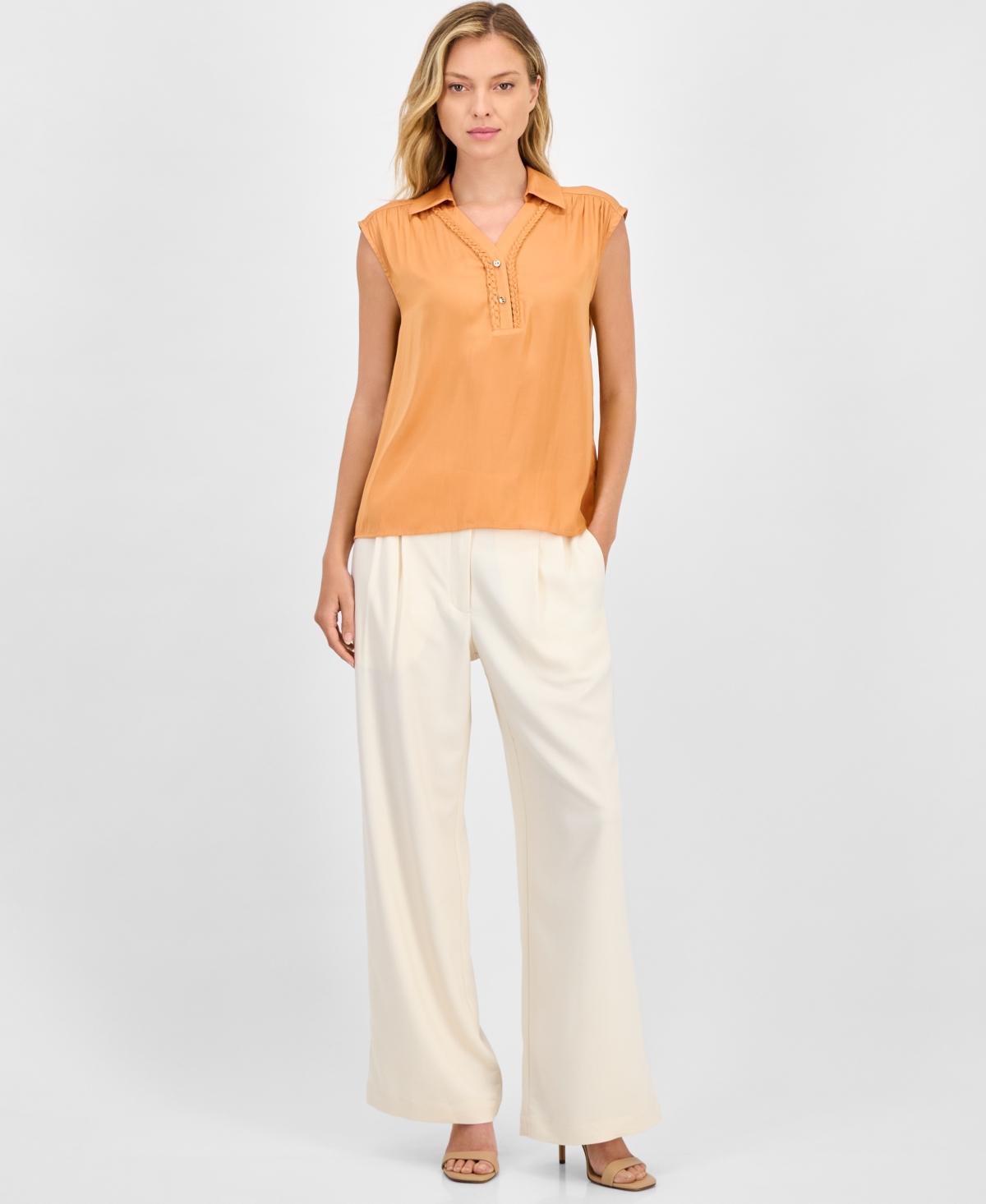 T Tahari Women's Solid Collared Cap-sleeve V-neck Blouse In Orange