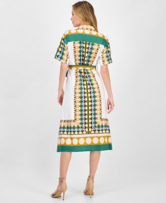 Women's Printed Elbow-Sleeve Tie-Waist Split-Neck Midi Dress