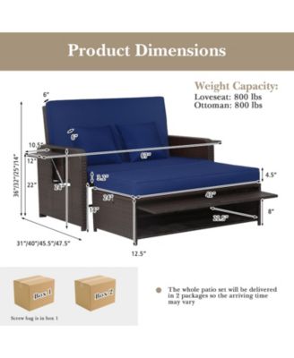 Rattan Loveseat Set Daybed Lounge w/ Storage Ottoman Side Tables Adjust Patio