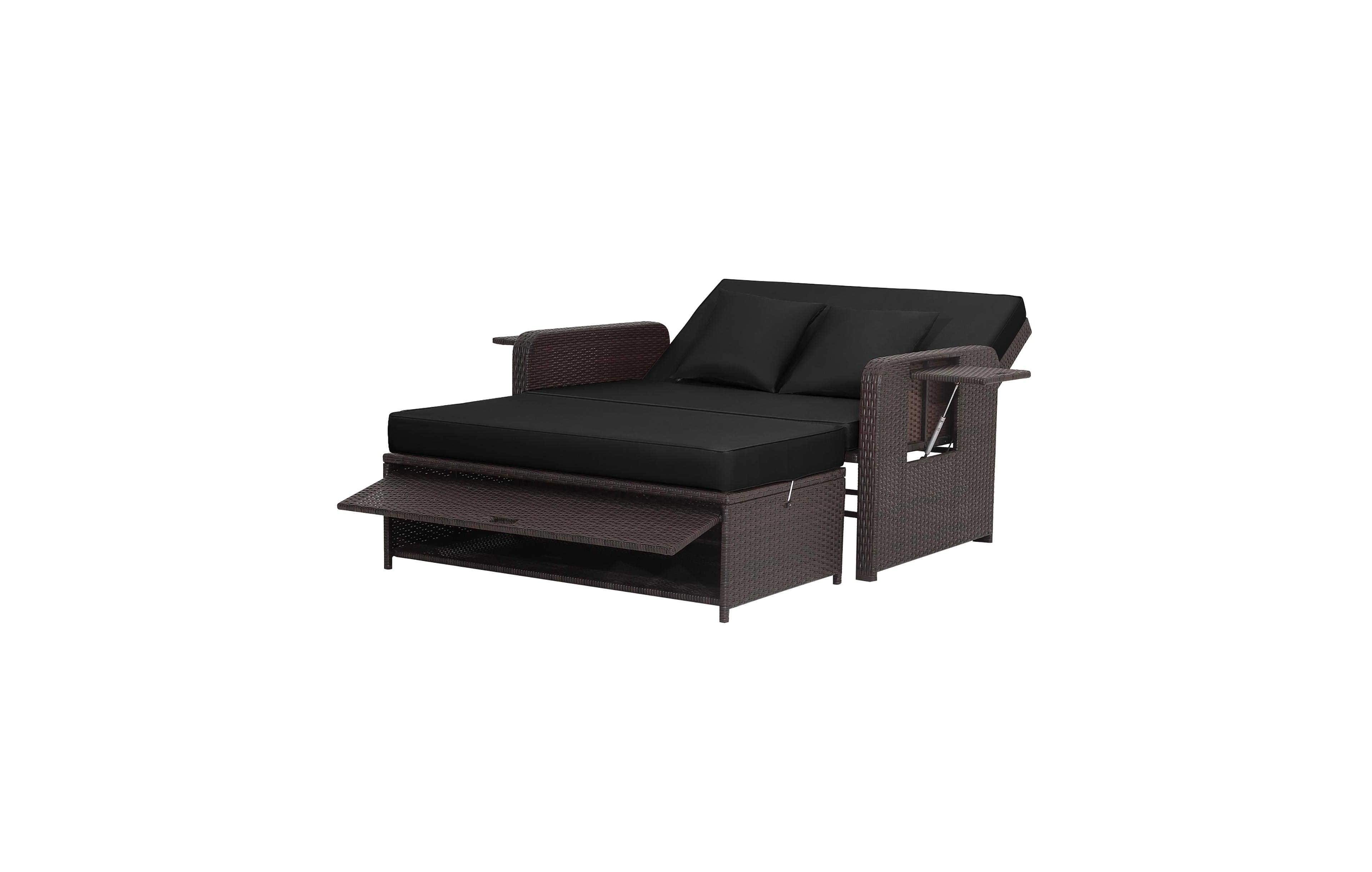 Gymax Rattan Loveseat Set Daybed Lounge w/ Storage Ottoman Side Tables Adjust Patio