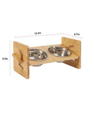   Adjustable Dual Cat Bowl Bamboo Elevated Stand Steel Pet Feeder Bowls