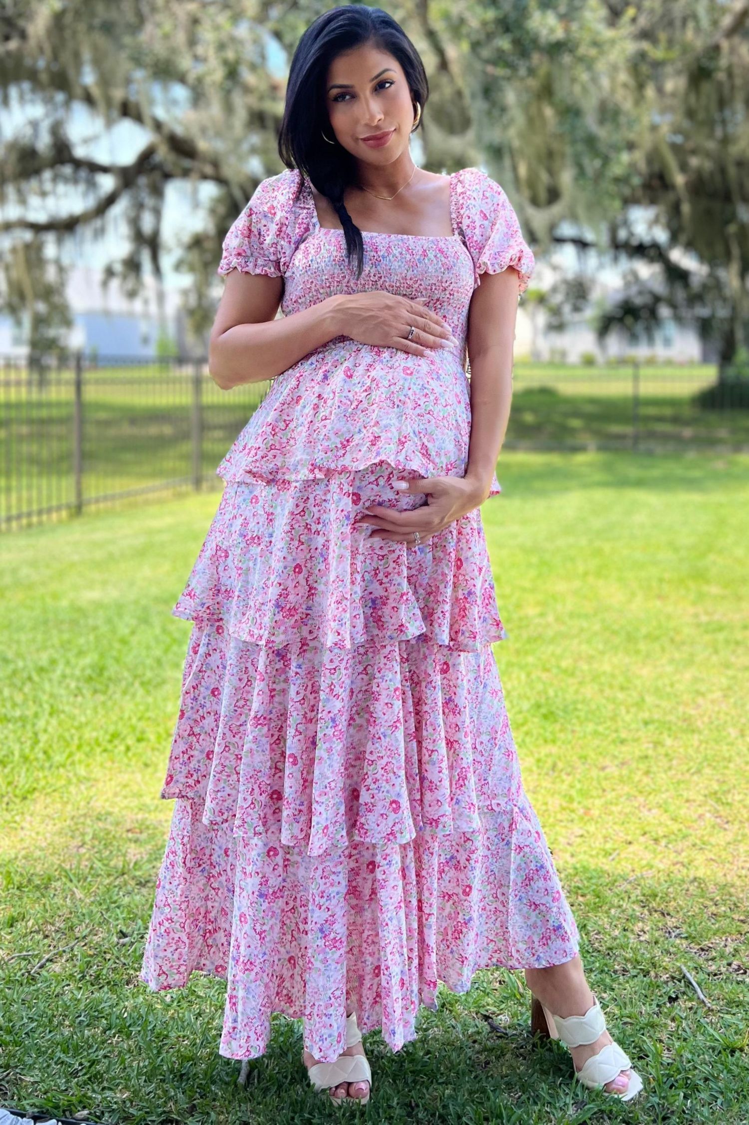 Women's Pink Floral Square Neck Ruffle Layered Maxi Dress