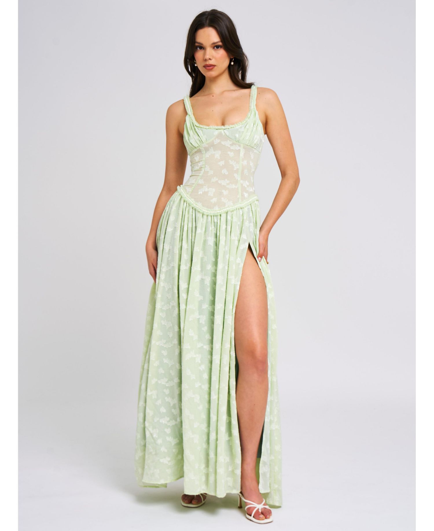 Women's Ulissa Light Green Square Neck Jacquard Textured High Slit Maxi Dress