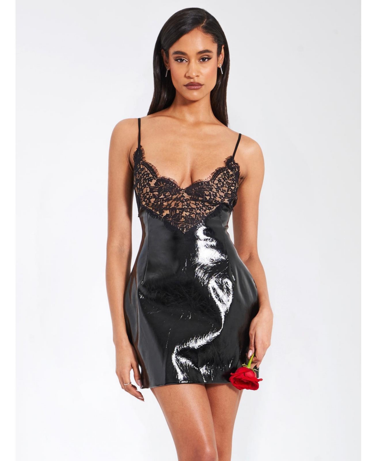 Women's Shelby Black Faux Leather with Lace Mini Dress - Black