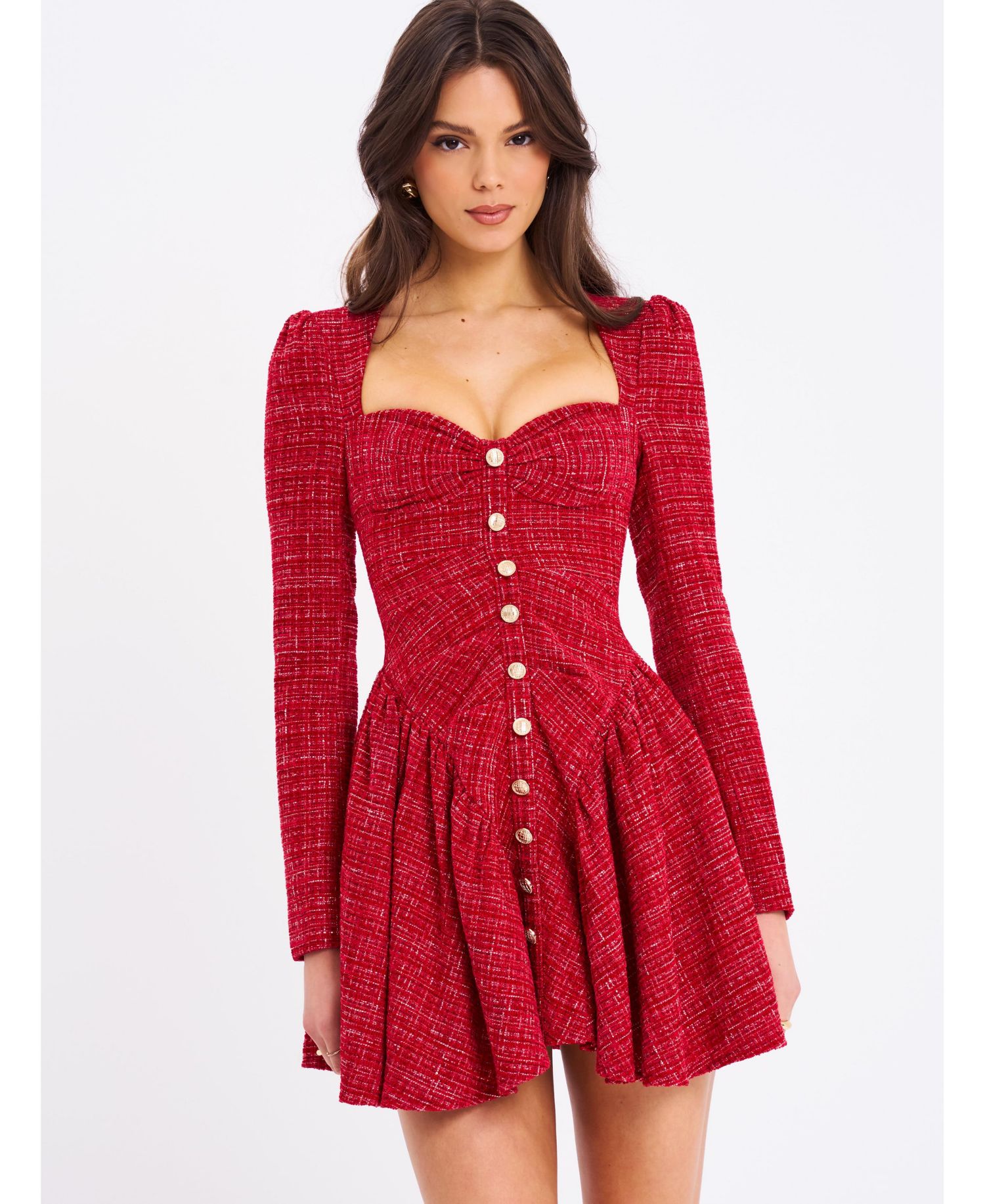 Women's Tae Red Tweed Long Sleeve Drop Waist Mini Dress