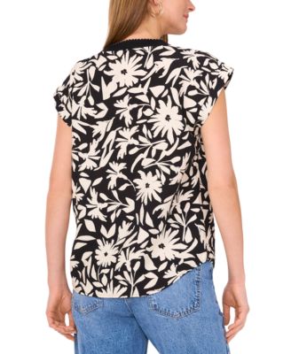 Women's Floral-Print Split-Neck Cap-Sleeve Top