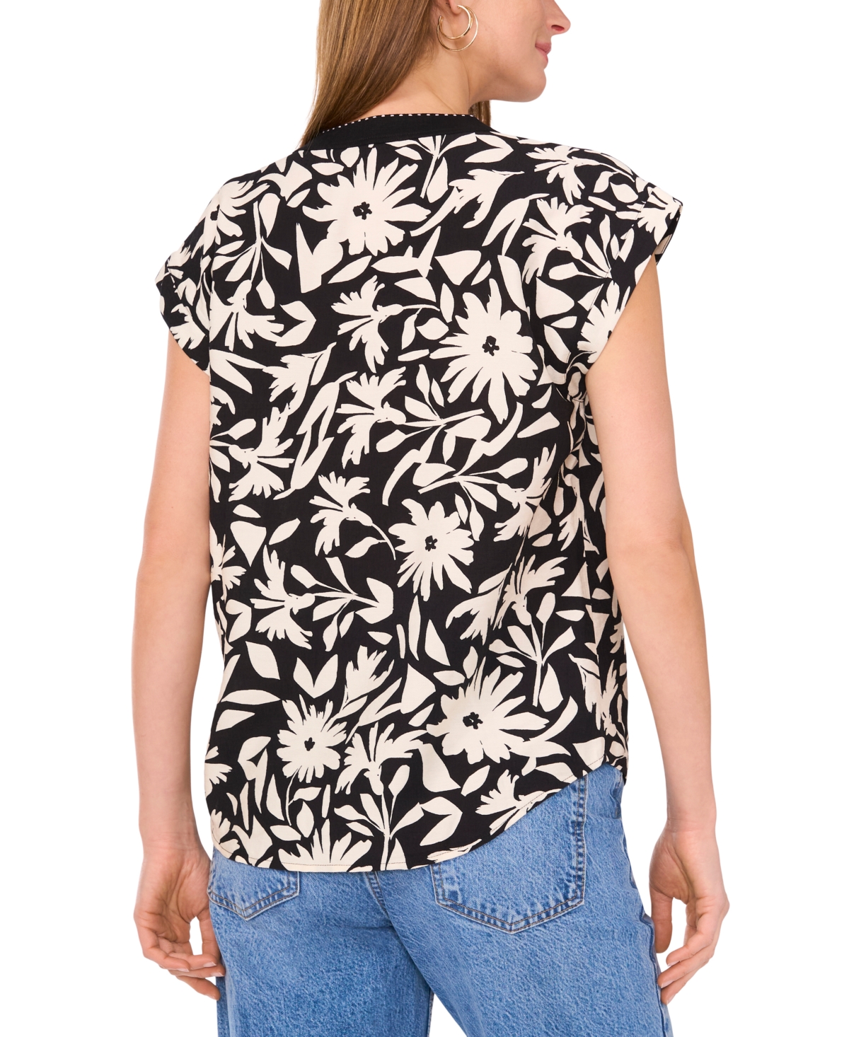 Vince Camuto Women's Floral-print Split-neck Cap-sleeve Top