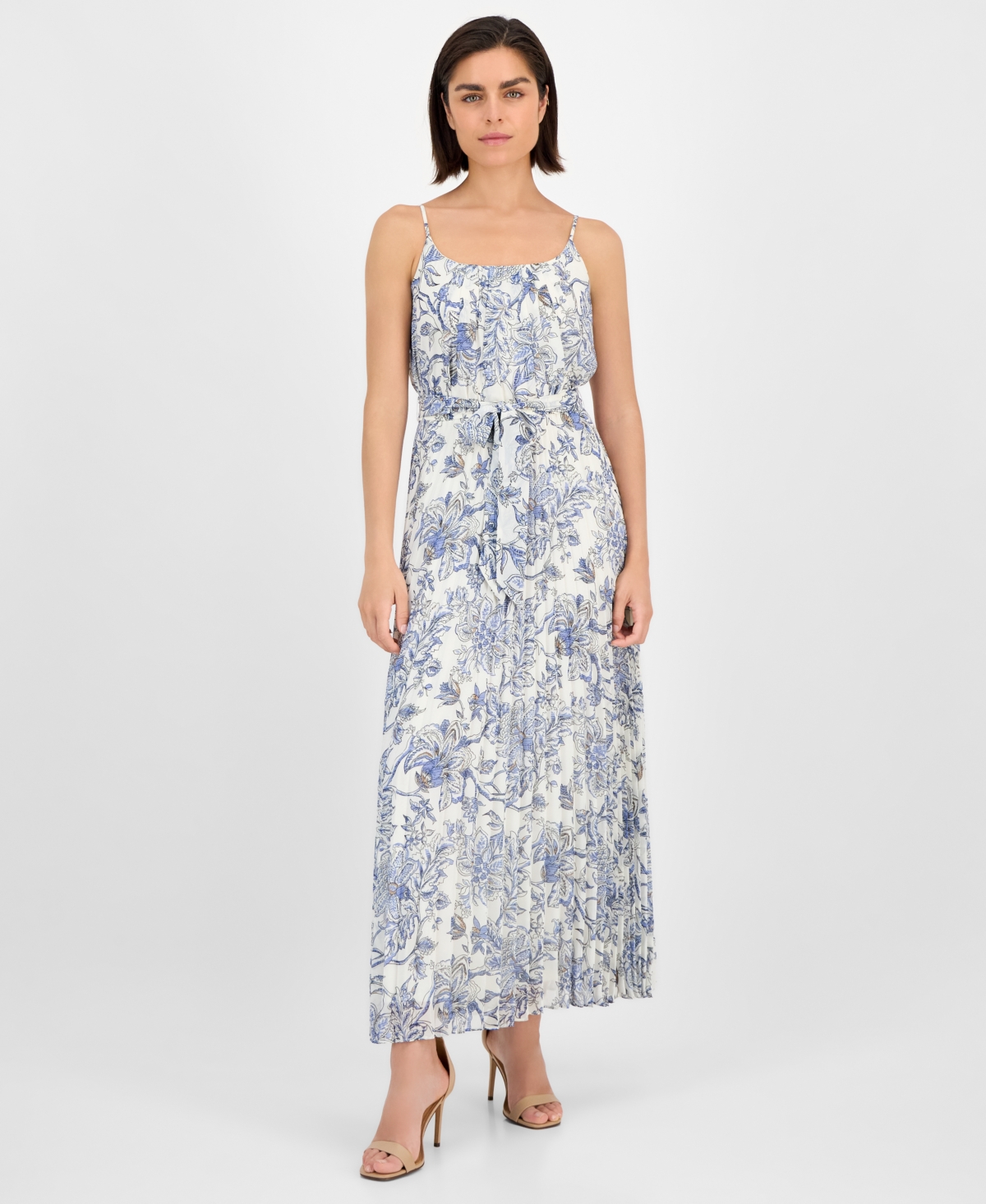 Women's Printed Scoop-Neck Chiffon Dress - White/blue