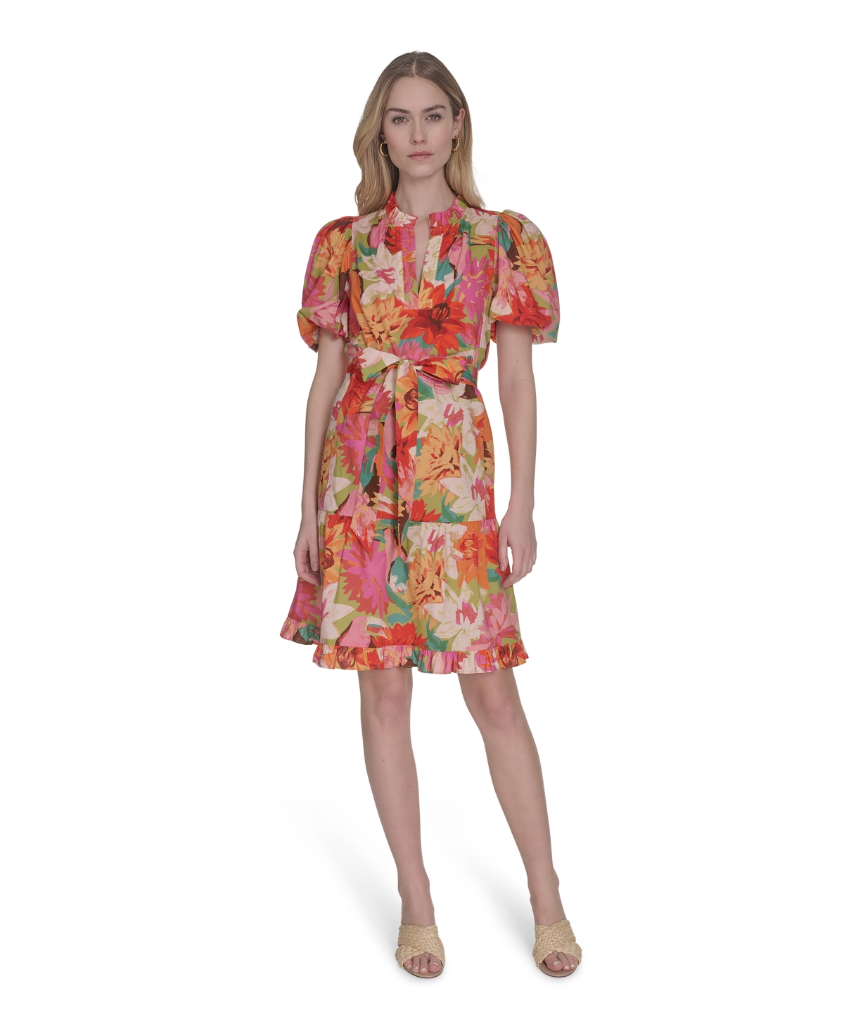 Vince Camuto Petite Cotton Floral-print Puffed-sleeve Dress