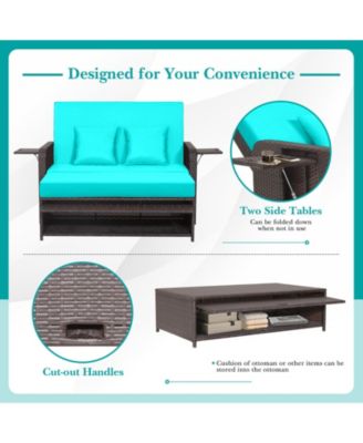 Rattan Loveseat Set Daybed Lounge w/ Storage Ottoman Side Tables Adjust Patio