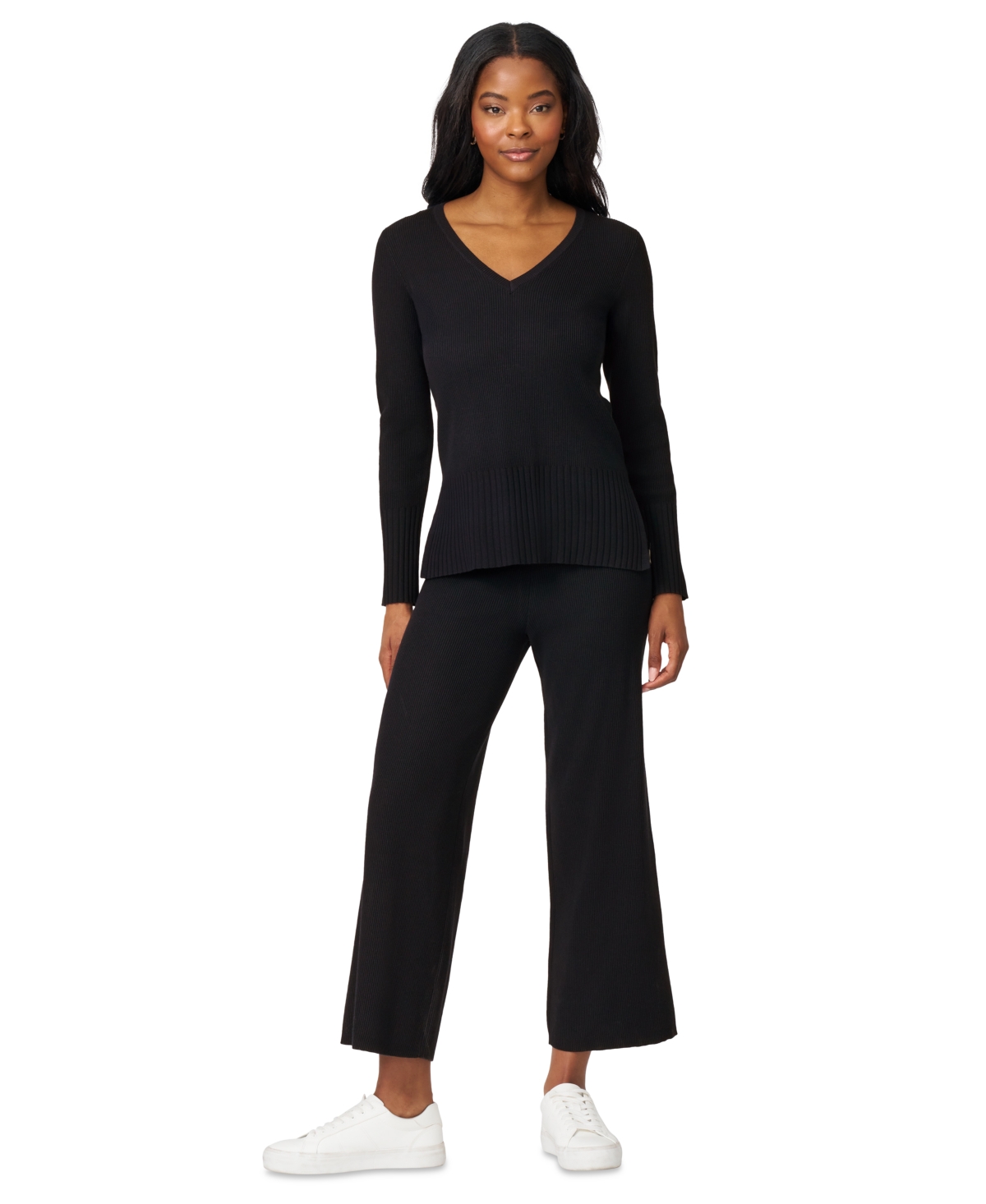 Petite V-Neck Side-Slit Tunic Sweater - Jet Black