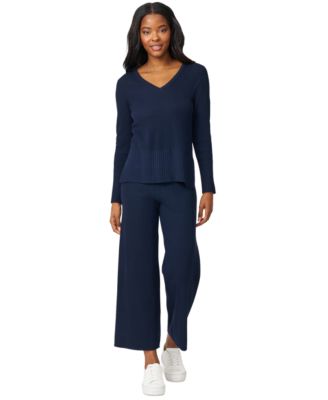 Petite Ribbed-Knit V-Neck Tunic & Pant Sweater Set