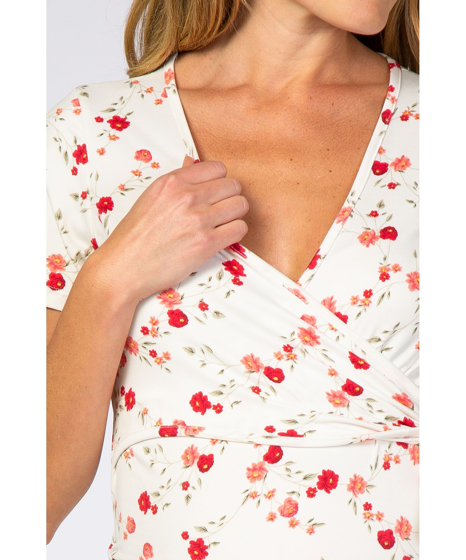 Women's Ivory Floral Wrap Fitted Maternity/Nursing Top