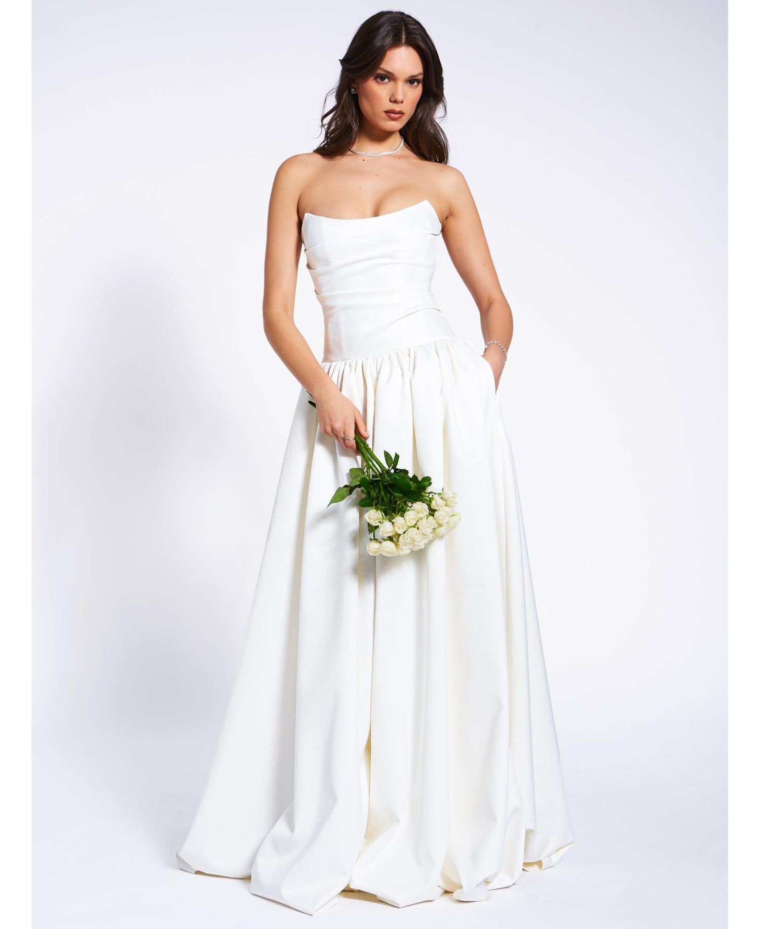 Women's Umay White Drop Waist Satin Corset Bridal Gown