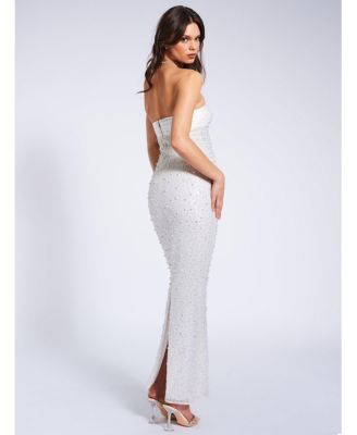 Women's Lainey White Satin Sequin Pearls Beaded Maxi Dress