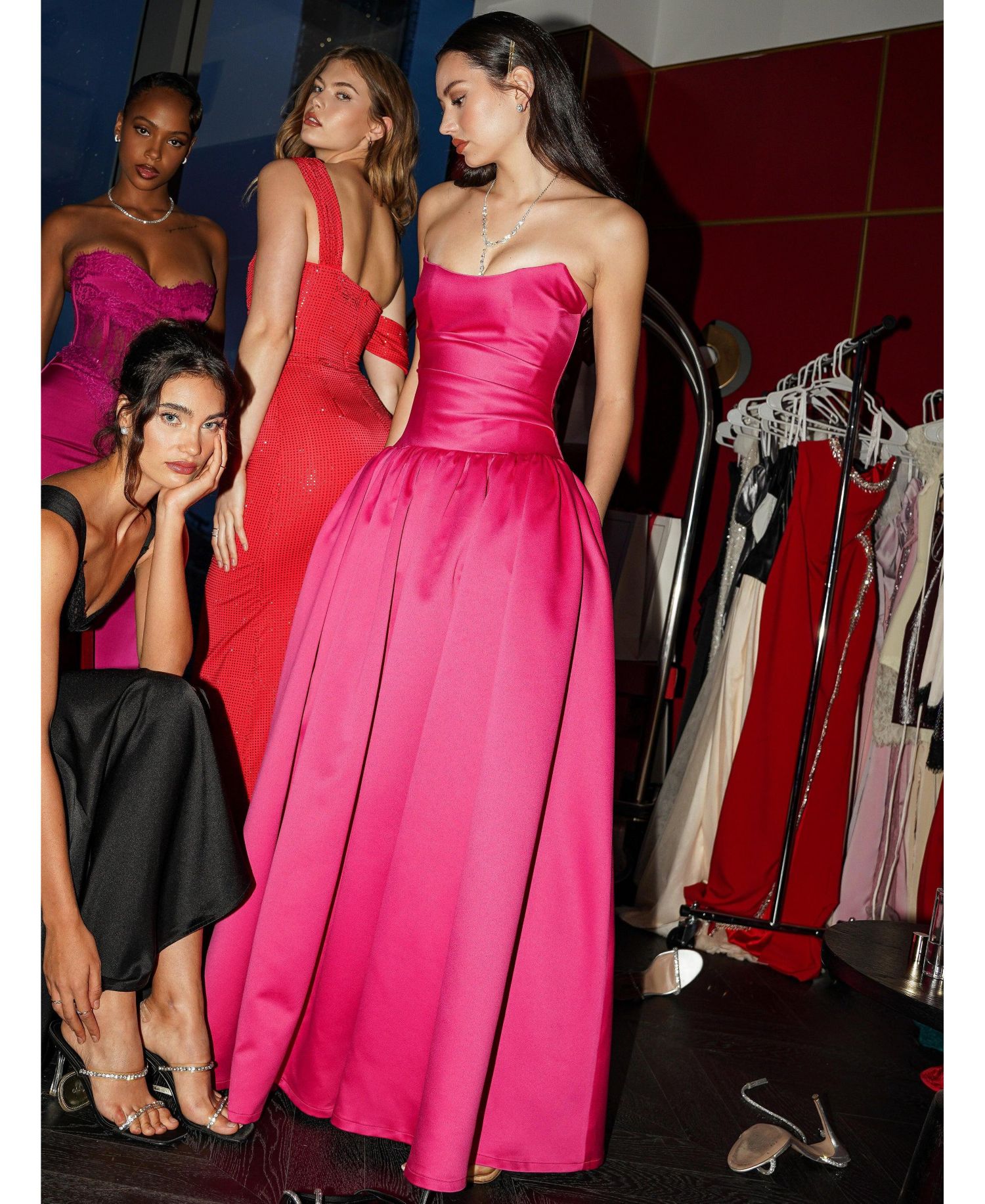 Women's Walterina Fuchsia Satin Strapless Drop Waist Corset Gown