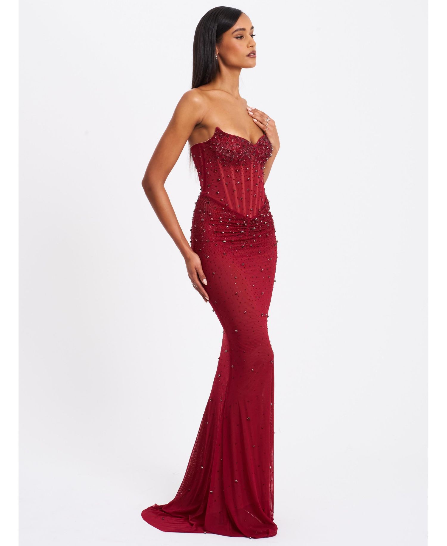 Women's Fatima Burgundy Crystal Sleeveless Corset Mermaid Maxi Dress