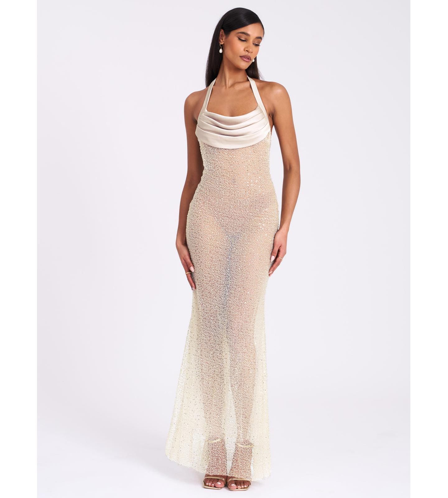 Женское платье Miss Circle Zahya Lime Halter Backless Beaded Mesh Gown, цвет: Лаймовый / Пастельный зелёный — фото 3