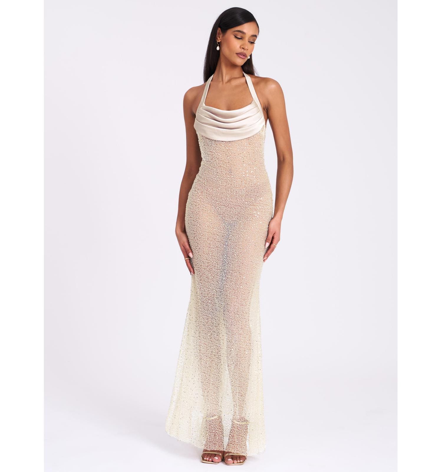 Women's Zahya Lime Halter Backless Beaded Mesh Gown