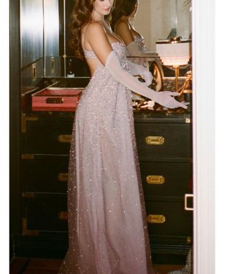 Women's Wallie Pink Rhinestone Embellished Mesh Backless Gown