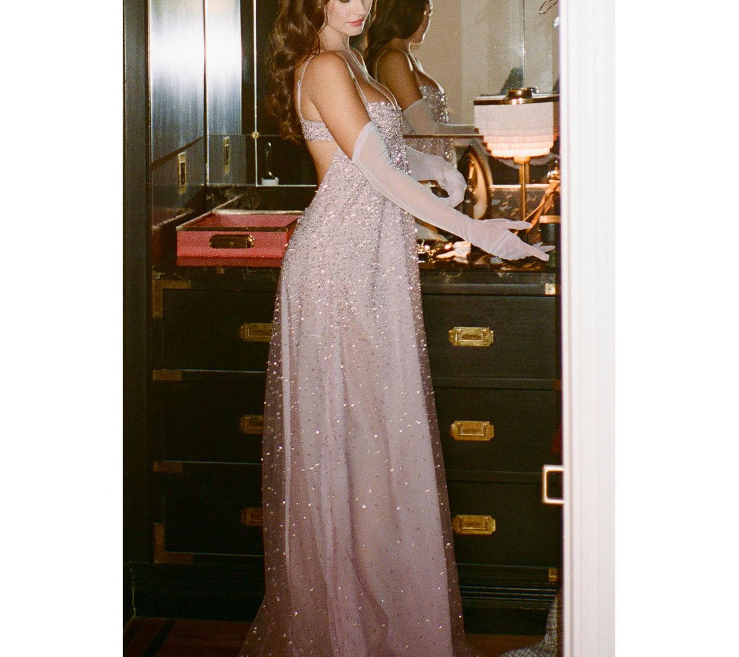 Women's Wallie Pink Rhinestone Embellished Mesh Backless Gown