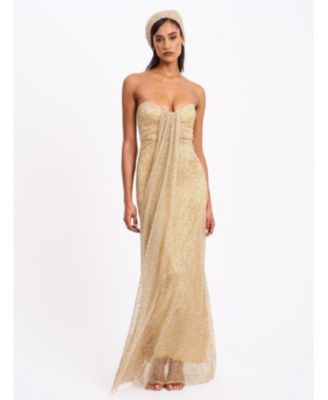 Women's Ada Gold Rhinestone Embellished Strapless Gown with Head Scarf