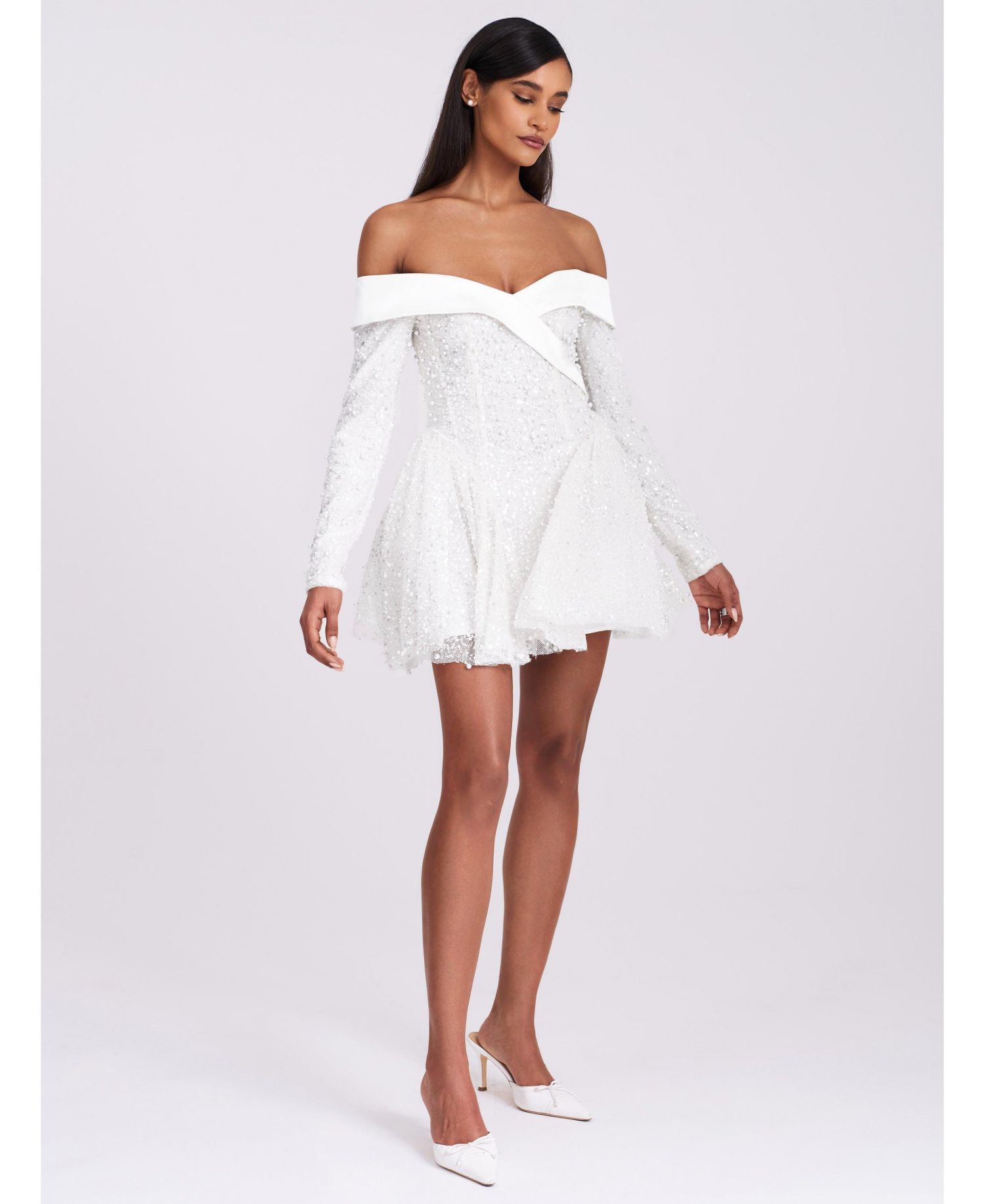 Women's Kira Bead Embroidered Mesh Off Shoulder Long Sleeve Mini Dress