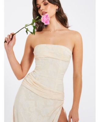 Women's Xatia Off White Jacquard Textured High Slit Maxi Dress