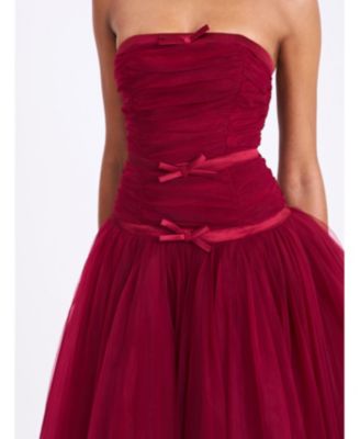 Women's Mabel Burgundy Drop Waist Layered Mesh Midi Puffy Dress with Bow