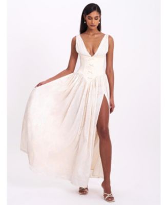 Women's Sabrina Butter Yellow High Slit Jacquard Maxi Dress