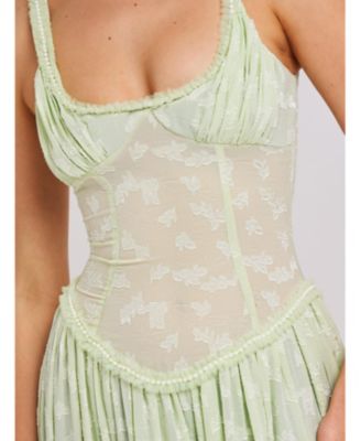 Women's Ulissa Light Green Square Neck Jacquard Textured High Slit Maxi Dress