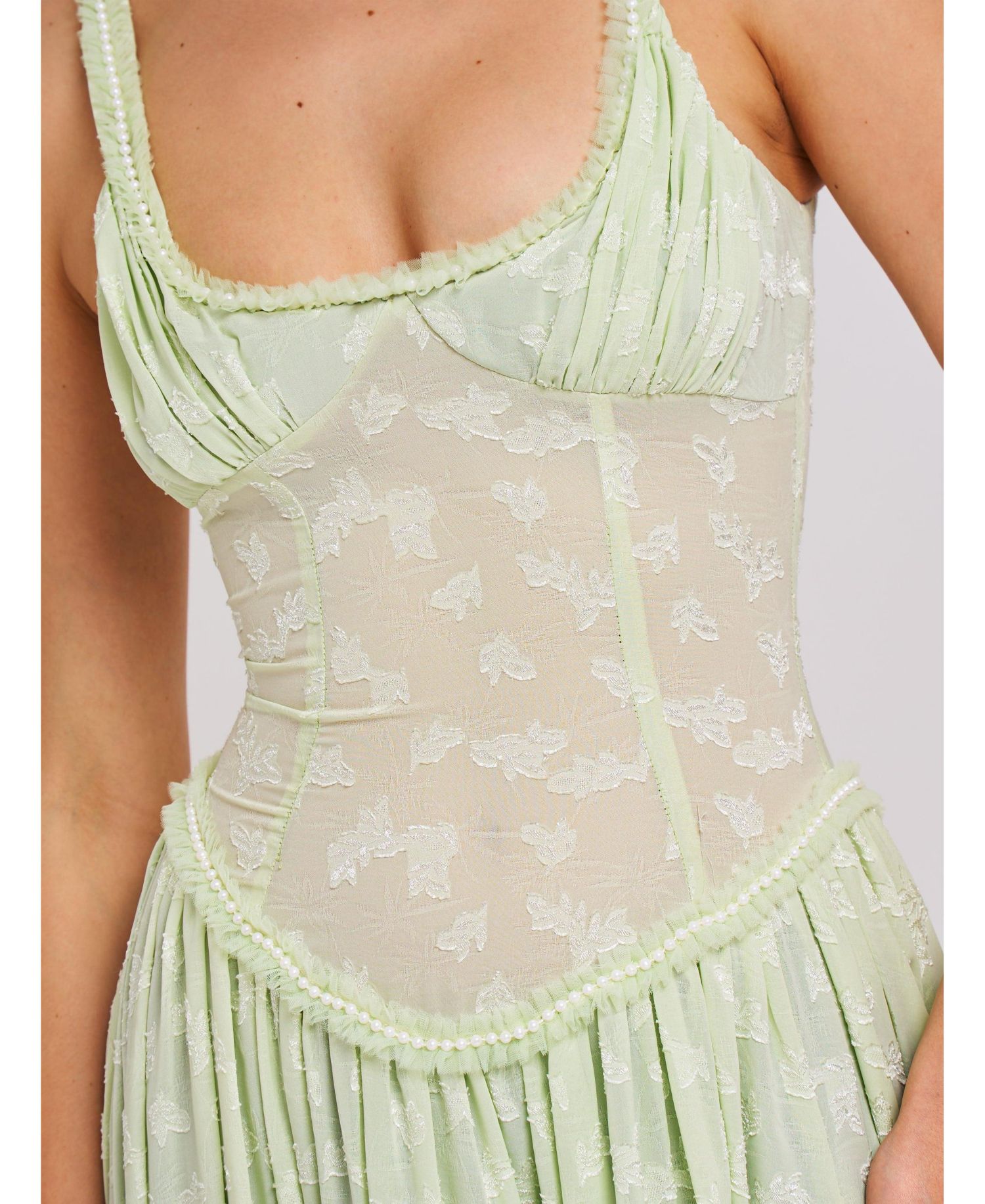 Women's Ulissa Light Green Square Neck Jacquard Textured High Slit Maxi Dress