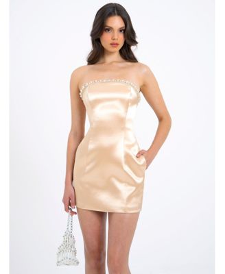 Women's Paisley Pearl Trim Gold Sleeveless Mini Dress