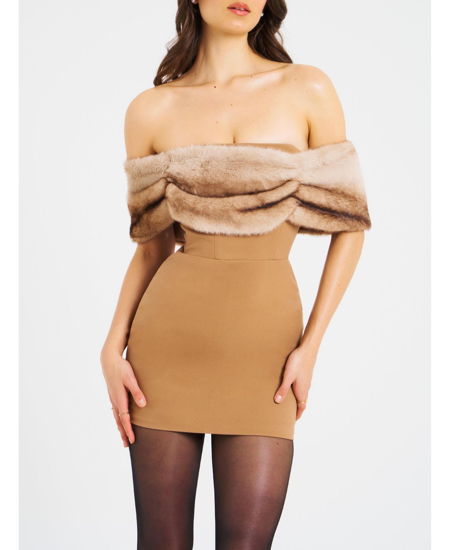 Women Nadira Off Shoulder Faux Fur Trim Mini Dress