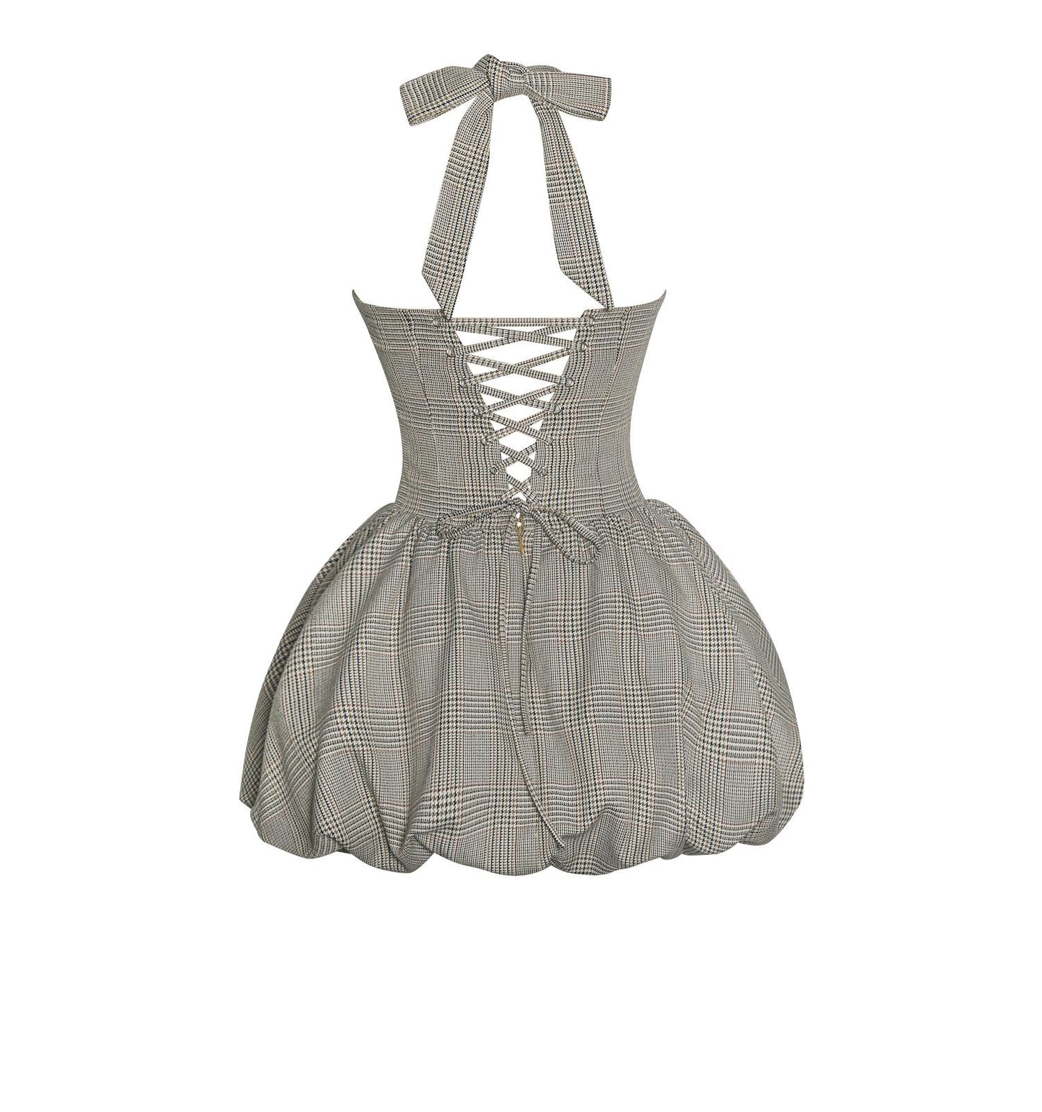 Women's Dacia Plaid Halter Lace-up Bubble Mini Dress